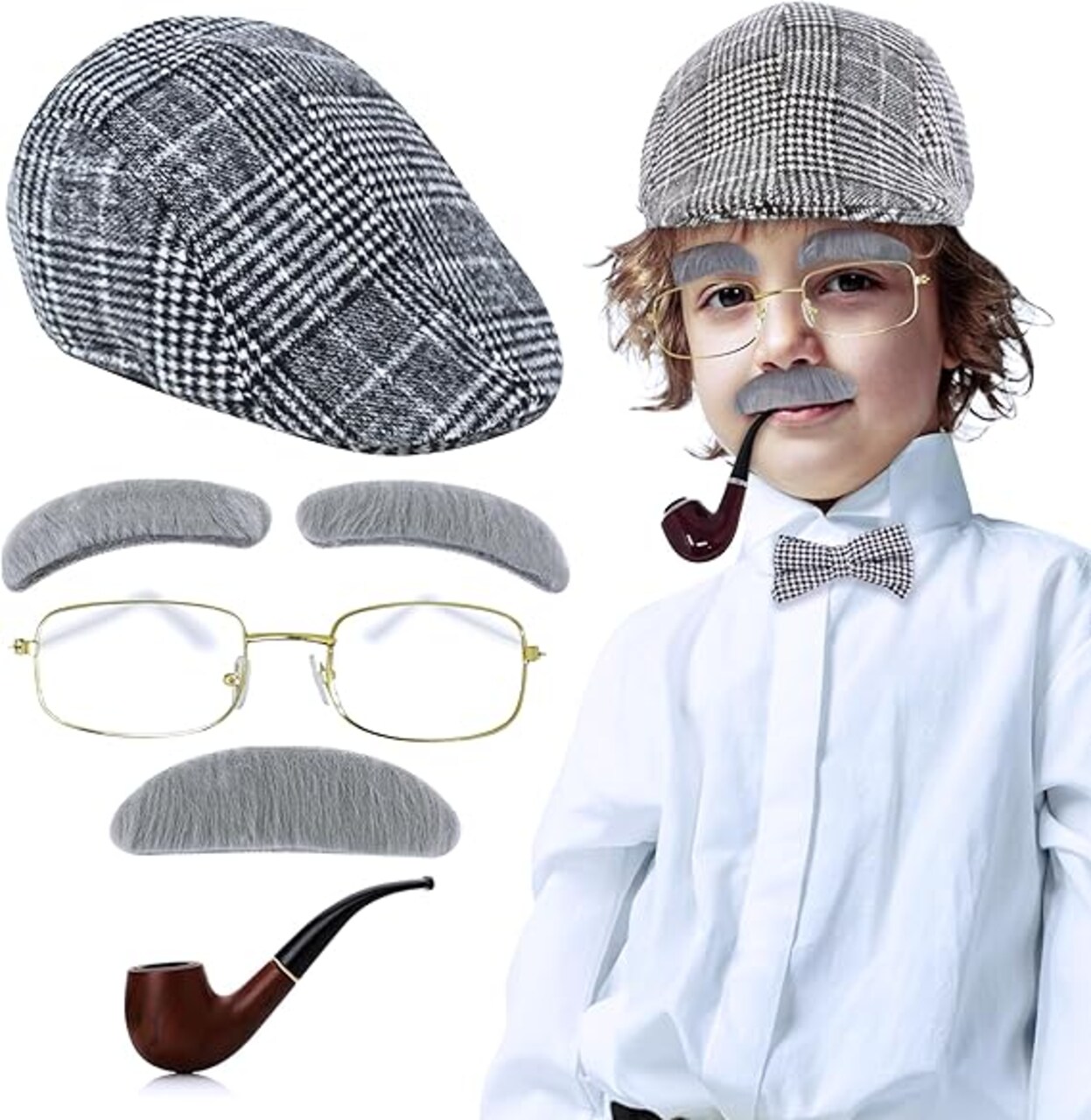 4E's Novelty Old Man Costume For Kids Boys - 100 Days of School Costume for Boys, Old Man Costume for Kids, Grandpa Dress Up Accessories Kit 5 Pcs Set